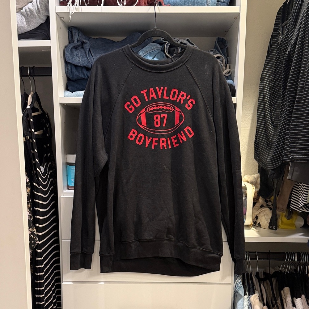 Bella Canvas Black Sweatshirt with Red 'Go Taylor's Boyfriend' Graphic